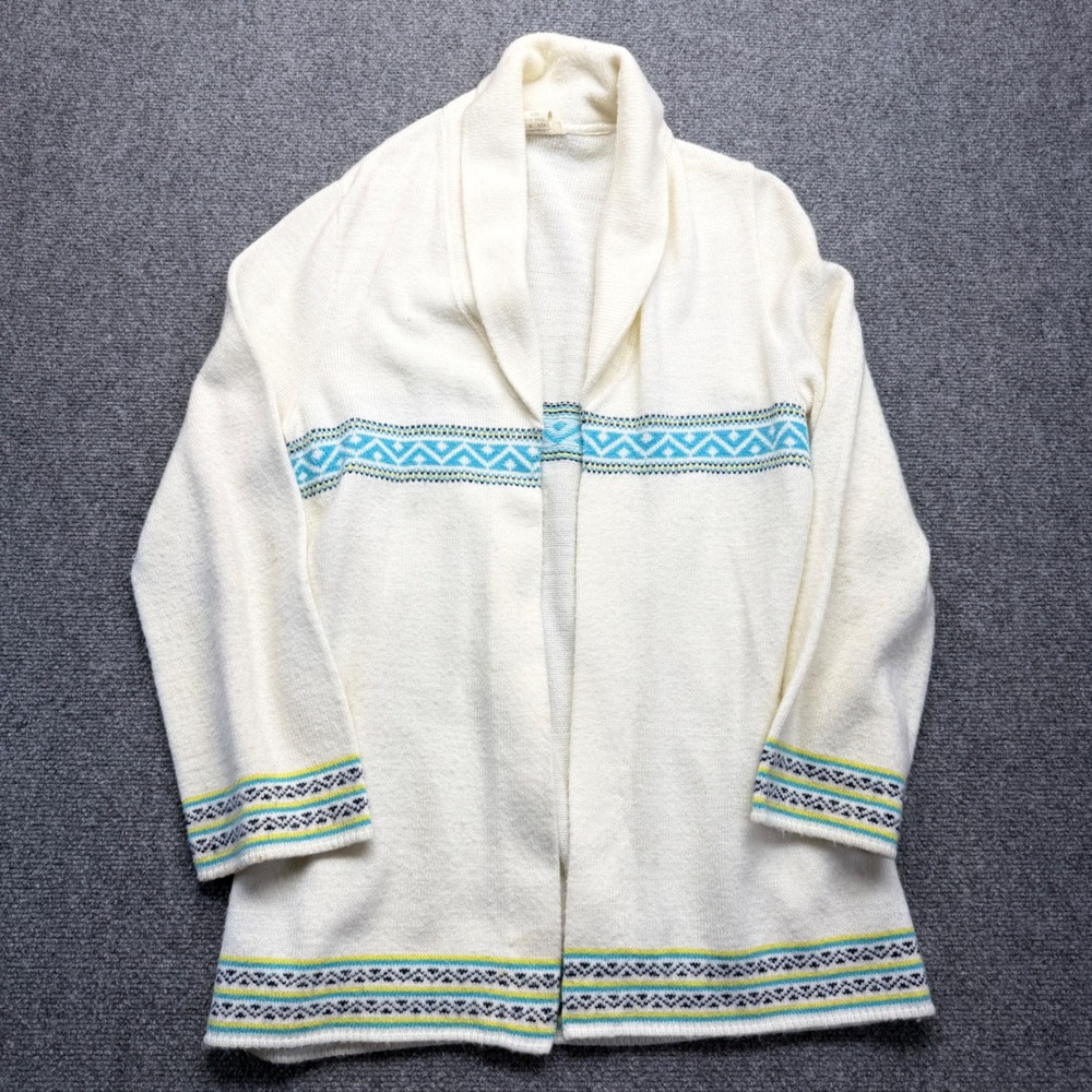 Vintage Shawl Collar Open Front Cardigan Sweater White Blue Fair Isle Medium